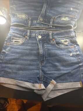 American Eagle Outfitters Dark Blue Distressed Cuffed Jean Shorts